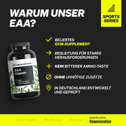 EAA capsules high-dose – 300 capsules – 8 essential amino acids – vegan, without unnecessary additives – produced in Germany &amp; laboratory-tested
