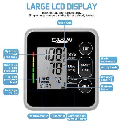 CAZON Blood Pressure Monitors Upper Arm Digital Fully Automatic Blood Pressure Monitor Pulse Measurement Blood Pressure Measurement Large with Large Cuff 2x120 Dual-User Black