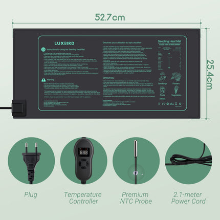 Luxbird heating mat with thermostat, timing function, plant heating mats, indoor greenhouse heating mat, IP67 waterproof heating mat, 52.7 x 25.4 cm, 30 watts