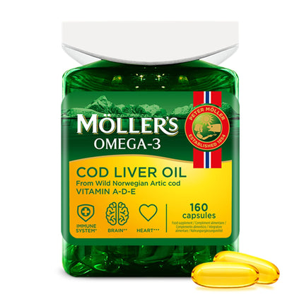 Moller's ® | Cod Liver Oil Capsules | Omega-3 fatty acids DHA &amp; EPA, Contains vitamins A, D &amp; E, Supports immune system, heart function, brain function &amp; vision | 160 Capsules