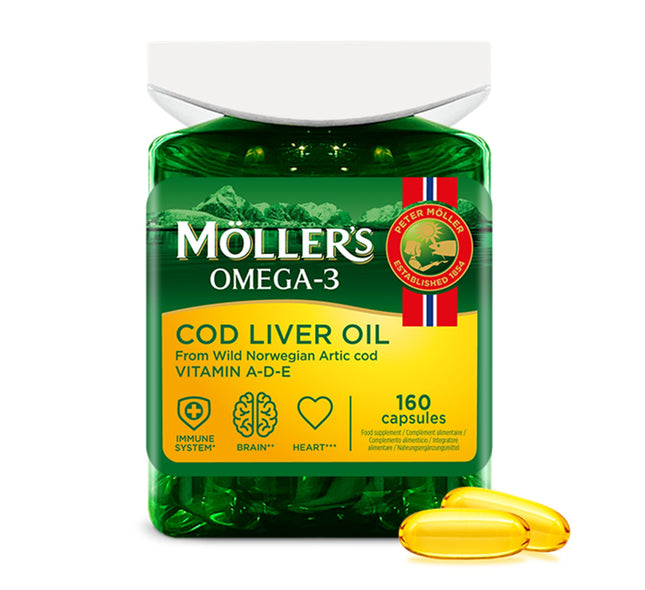 Moller's ® | Cod Liver Oil Capsules | Omega-3 fatty acids DHA &amp; EPA, Contains vitamins A, D &amp; E, Supports immune system, heart function, brain function &amp; vision | 160 Capsules