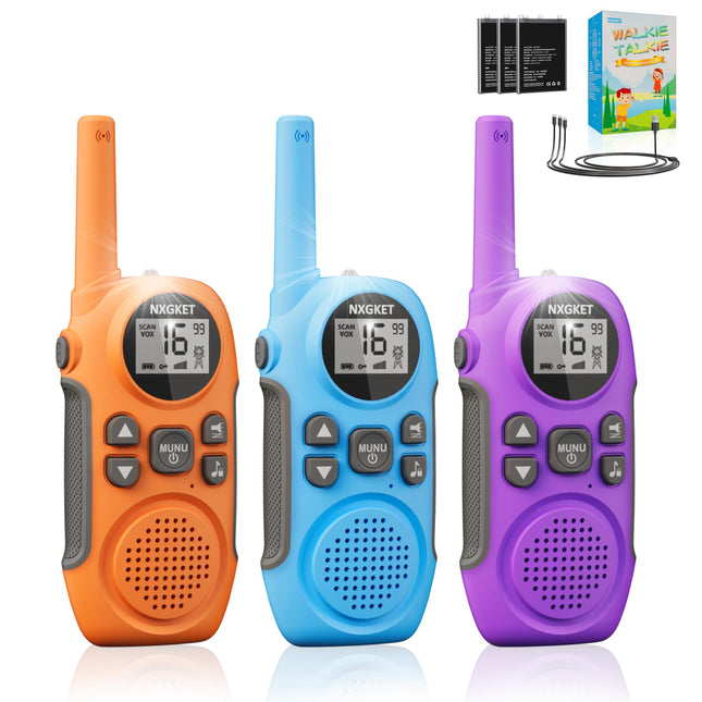 NXGKET Walkie Talkie Set of 3, Walkie Talkie for Kids and Adults, Rechargeable with Li-Ion Battery, Radio Gift for Girls and Boys 4 Years, 3km Range Toy Walkie Talkie with Vox for Outdoors, Camping, Hiking