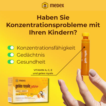 Medex Royal Jelly JUNIOR, fresh royal jelly 250 mg, with natural vitamins A, C, and E, excellent taste, no sweeteners, for children 3+, liquid in ampoules 10 x 9 ml
