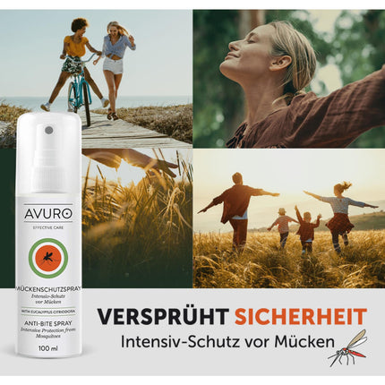 AVURO Mosquito Repellent Spray 100ml, long-lasting protection against insects, 100% plant-based active ingredient Eucalyptus Citriodora Oil, DEET-free