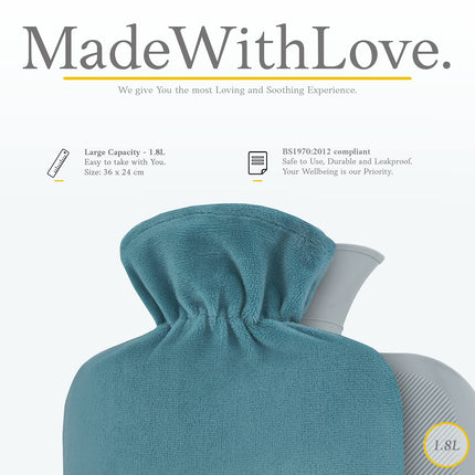 Hot Water Bottle with Cover – Soft Premium Fleece Cover – 1.8l Large Hot Water Bottle, Hot Water Bottle for Children, Hot Water Bottle for Adults – Green Blue