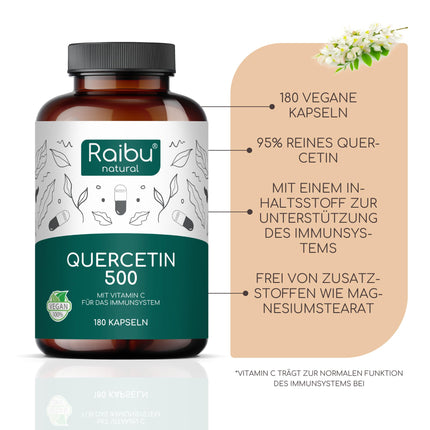 Quercetin High Dose - 180 Capsules - 500 mg Quercetin per capsule - 6-month supply - High-quality raw material: Japanese pagoda tree - No additives &amp; Vegan - Raibu