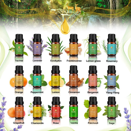 Essential Oils Set 18 x 10 ml, Tea Tree, Lavender, Eucalyptus, Frankincense, Lemongrass, Rosemary, Orange, Mint, Lemon, Bergamot, Ylang-Ylang, Grapefruit, Chamomile, Rose, Vanilla, Patchouli Sage