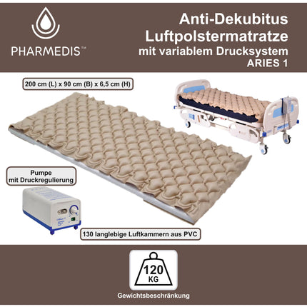 PHARMEDIS - Alternating pressure mattress on nursing bed with mattress pump Aries - 200 x 90 cm decubitus mattresses - self-inflating air mattress bed for bedridden patients - anti-decubitus mattress 90x200