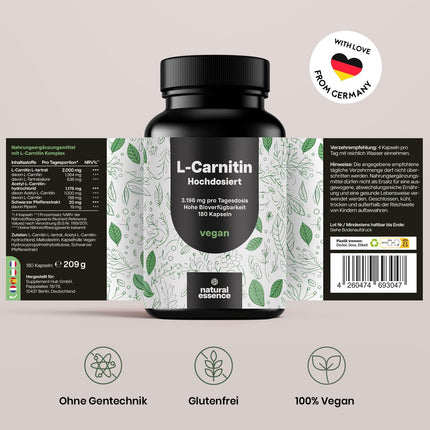 L-Carnitine Capsules High Dose 3196mg - 180 Capsules - Complex of L-Carnitine Tartrate, Acetyl-L-Carnitine - Vegan from Germany Laboratory Tested