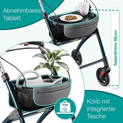 ELONEO Rollator for Homes, 54cm Wide, Foldable and Lightweight, Including Tray &amp; Fabric Basket, Narrow Rollator for Homes, Indoor Rollator, Foldable, Aluminum, Mobility for Home, Anthracite