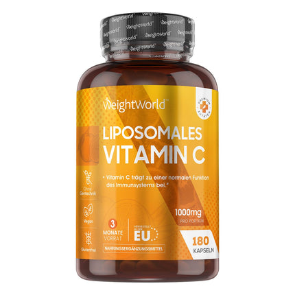 Liposomal Vitamin C - 1000mg Vit C, 100mg Sunflower Phosphate &amp; 30mg Rosehip - 180 Vegan Capsules - Gluten-Free &amp; Non-GMO - WeightWorld