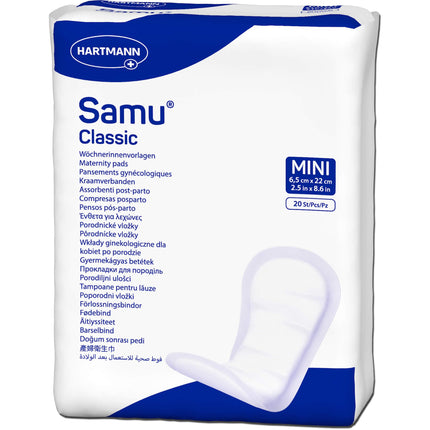 Samu Classic Mini – soft postpartum pads for reliable protection after birth, skin-friendly and fast-absorbing, without film, 1x20 pieces