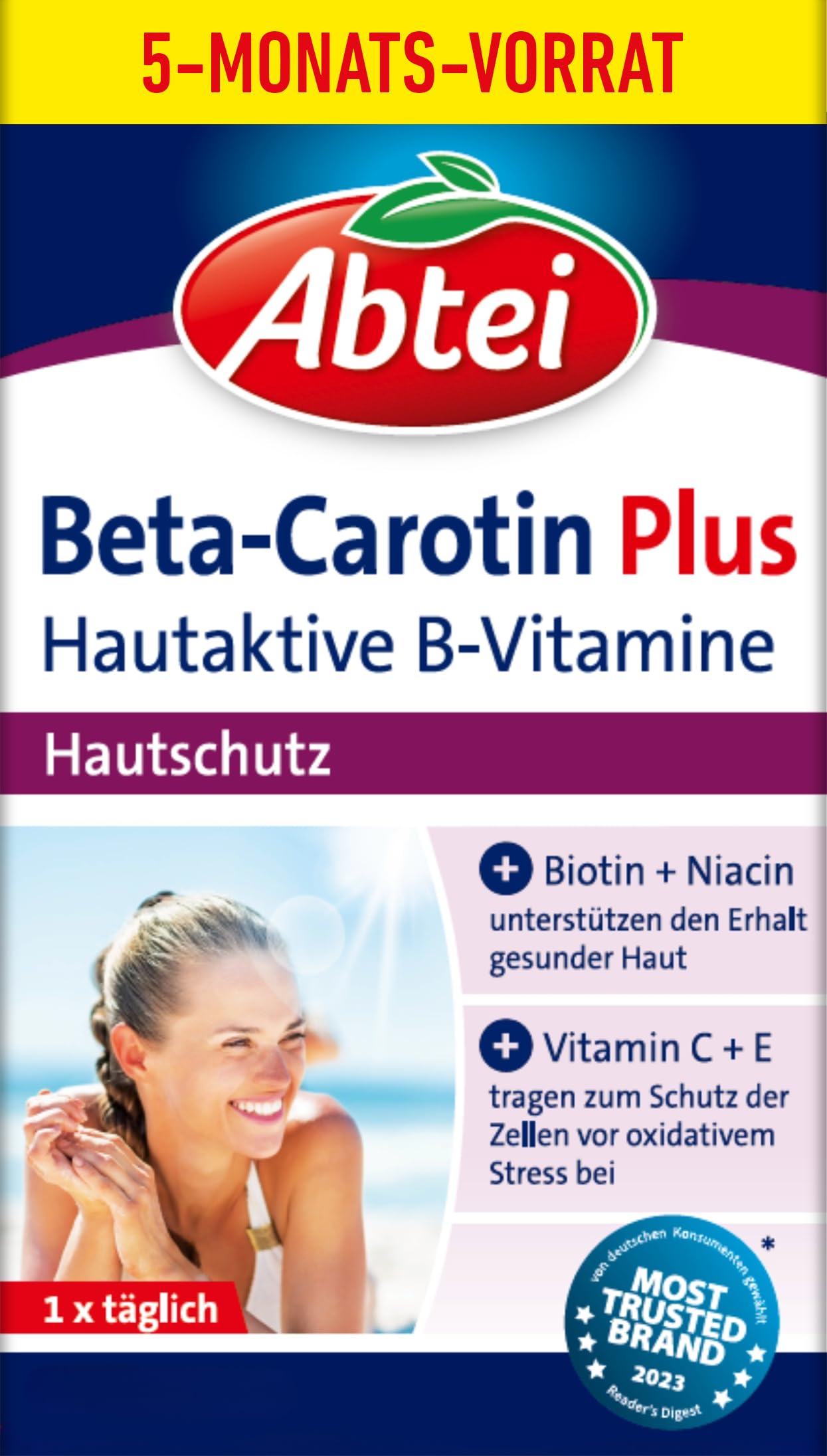 Abtei Beta-Carotin Plus – Für den Erhalt gesunder Haut – Glutenfrei, Laktosefrei – Vorratspackung – 150 Kapseln für 5 Monate