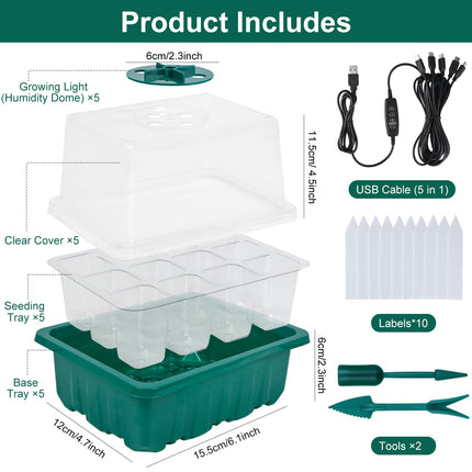 FORMIZON Greenhouse Propagation Tray, 5 Pack Mini Greenhouse Propagation with Higher Lids, 2 Tools, 10 Labels, Indoor Greenhouse Propagation Box with Timing Controller Adjustable Brightness