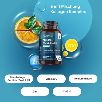 Marine Collagen Complex - 1200mg Hydrolyzed Fish Collagen Peptides - With Hyaluronic Acid, CoQ10, Vitamin C, Zinc - 120 Collagen Hyaluronic Acid Capsules - WeightWorld