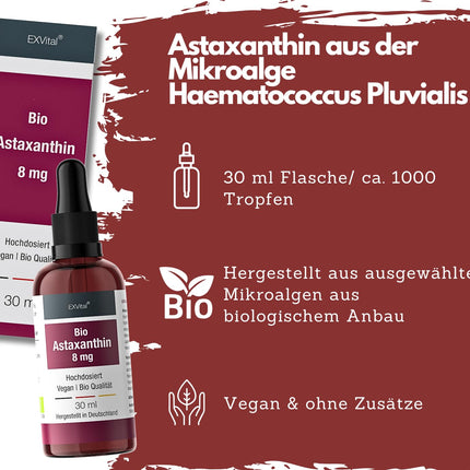 Organic Astaxanthin Drops, 8mg Astaxanthin per daily dose, High Dose &amp; Vegan - 100% Natural Astaxanthin - High Bioavailability - Laboratory Tested, 30 ml