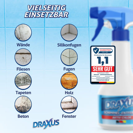 DRAXUS Professional Mold Remover with Innovative Adhesive Effect | Extra Strong Mold Spray for Walls, Bathrooms, Silicone Joints &amp; More | Removes Mold Highly Effectively (Active Chlorine) 500 ml