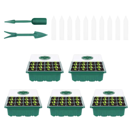 flintronic 5 Pack 60 Cell Indoor Greenhouse Propagator, Mini Greenhouse Propagation Set, Greenhouse Propagator with Lid and Ventilation, 10 Plant Markers, Propagation Tray for Gardens and Vegetable Gardens