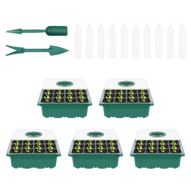 flintronic 5 Pack 60 Cell Indoor Greenhouse Propagator, Mini Greenhouse Propagation Set, Greenhouse Propagator with Lid and Ventilation, 10 Plant Markers, Propagation Tray for Gardens and Vegetable Gardens