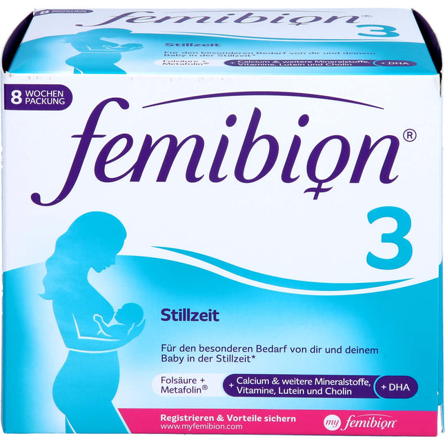Femibion ​​3 Breastfeeding, Daily nutritional supplement for lactation, With choline, DHA, folic acid, metafolin, 8-week pack, 2 x 56 tablets