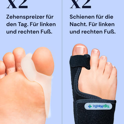 YOGAMEDIC Hallux Valgus Correction Set - 2 Toe Spreaders &amp; 2 Hallux Valgus Splints - 0% BPA Toe Separator Insoles for Shoes, Hammer Toe Correction, Toe Protection Day &amp; Night Bandage for Women &amp; Men