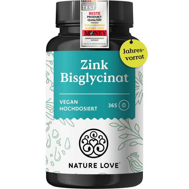 NATURE LOVE® Zinc - 365 Tablets (1 Year) - High Dose (25mg): Zinc Bisglycinate - Highly Bioavailable Zinc - Vegan, Laboratory Tested, Developed in Germany