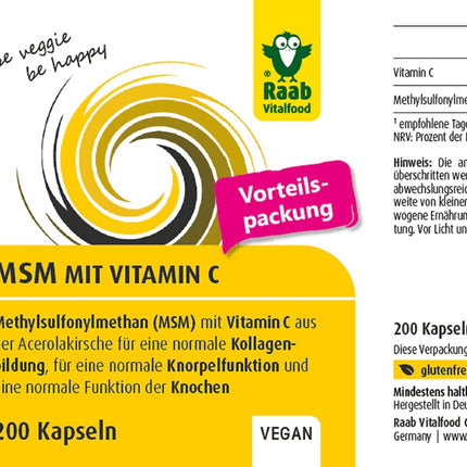 Raab Vitalfood MSM capsules, methylsulfonylmethane, vitamin C, 200 capsules, highly pure, vegan