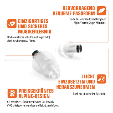 Alpine PartyPlug Pro Hearing Protection Earplugs for Concerts, Festivals, Music, Parties &amp; Discos - Highest Music Quality with True-to-Life Attenuation - Reusable &amp; Hypoallergenic - With Cleaner &amp; Pouch