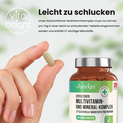 Multivitamin Tablets High Dose - 400 Daily Dose Vitamins, Minerals &amp; Supplements AZ Vitamins + Minerals | Dietary Supplement Women/Men Vegan Multivitamin Complex, VitaBright