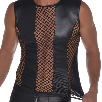 Latex-like men's top - shirt 0/0 arm with fishnet inserts
