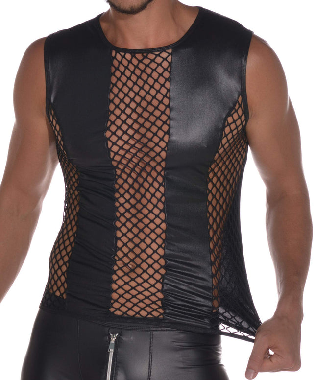 Latex-like men's top - shirt 0/0 arm with fishnet inserts