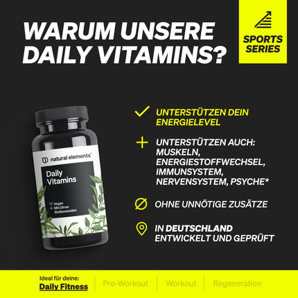 Daily Vitamins – 120 Multivitamin Capsules – all valuable vitamins AK – perfect for athletes – vegan, high dosage, no unnecessary additives – produced in Germany &amp; laboratory tested