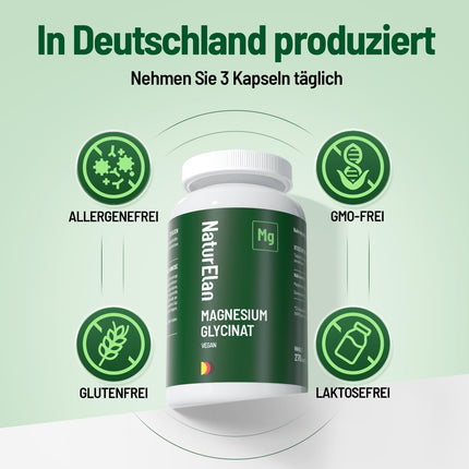 Magnesium Glycinate High Dose Capsules - 270 Capsules, 300mg Magnesium per Daily Dose, Vegan, Produced in Germany