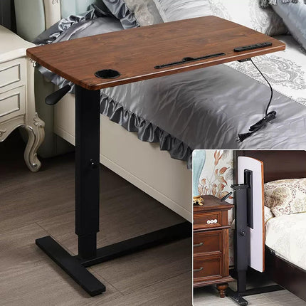 Overbed table with wheels and USB nightstand made of metal, foldable USE-Lift nightstand, laptop table with hidden wheels, with power connection, USB holes, cup holder, etc. (brown, 80 x 40 x 66
