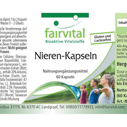 Fairvital | Kidney Capsules - 60 Capsules - HIGH DOSE - VEGAN - with cranberry, bearberry, dandelion, and more