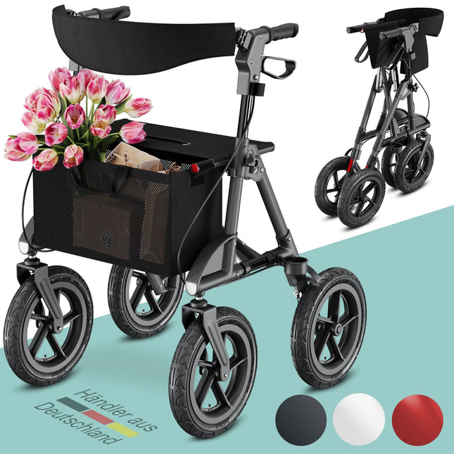 maxVitalis Rollator foldable and lightweight with seat, outdoor rollator with pneumatic tires including seat, back strap, height-adjustable aluminum walking aid including bag and cane holder, anthracite