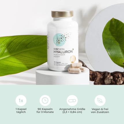 Hyaluronic acid capsules with a high dosage of 500 mg per capsule - 90 vegan hyaluronic capsules in a 3-month supply - 500-700 kDa I Enriched with zinc to contribute to the maintenance of normal skin and bones.