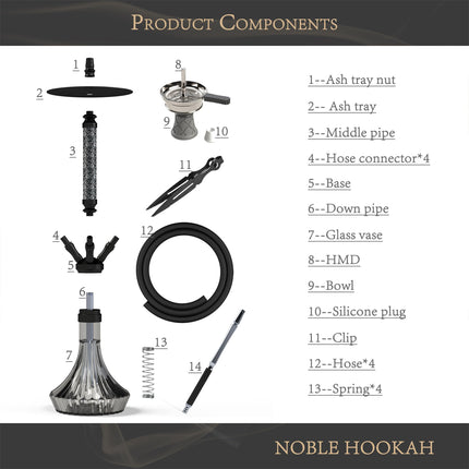 NOBLE HOOKAH Shisha Set 4 Connections With Leather Trim Shisha Head XL Shisha 4 Hose made of aluminum tube, Equipped with 4 silicone hoses and handle