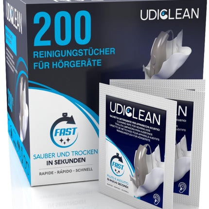 200 individually wrapped pre-moistened Udiclean cleaning wipes for hearing aids and cochlear implants. Fast-drying wipes remove grease, sweat, and dirt.