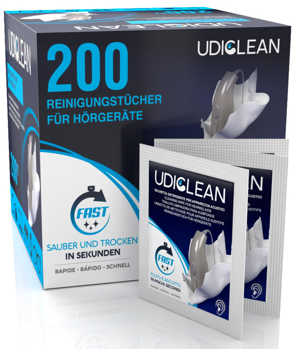200 individually wrapped pre-moistened Udiclean cleaning wipes for hearing aids and cochlear implants. Fast-drying wipes remove grease, sweat, and dirt.