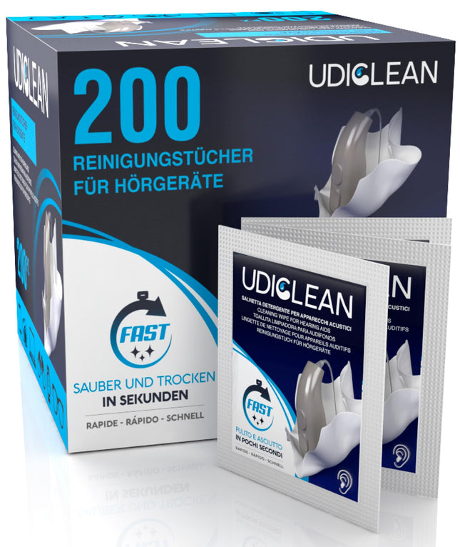 200 individually wrapped pre-moistened Udiclean cleaning wipes for hearing aids and cochlear implants. Fast-drying wipes remove grease, sweat, and dirt.