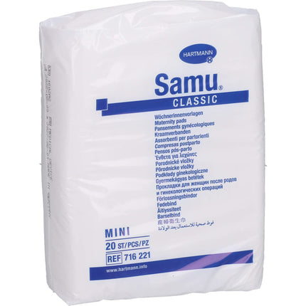 Samu Classic Mini – soft postpartum pads for reliable protection after birth, skin-friendly and fast-absorbing, without film, 1x20 pieces