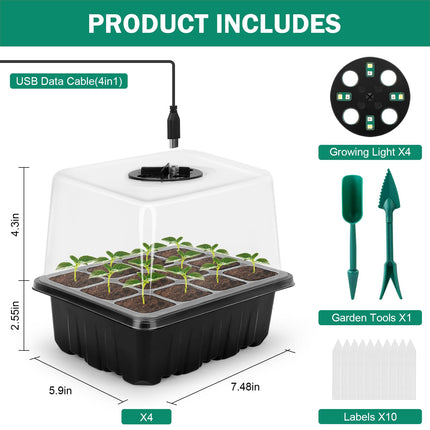 RIOGOO 4-Pack Seed Starter Tray with Grow Light, Timing Seed Starter Kit with Adjustable Brightness and Humidity, Greenhouse Germination Kit (12 x 4.48 Cells)