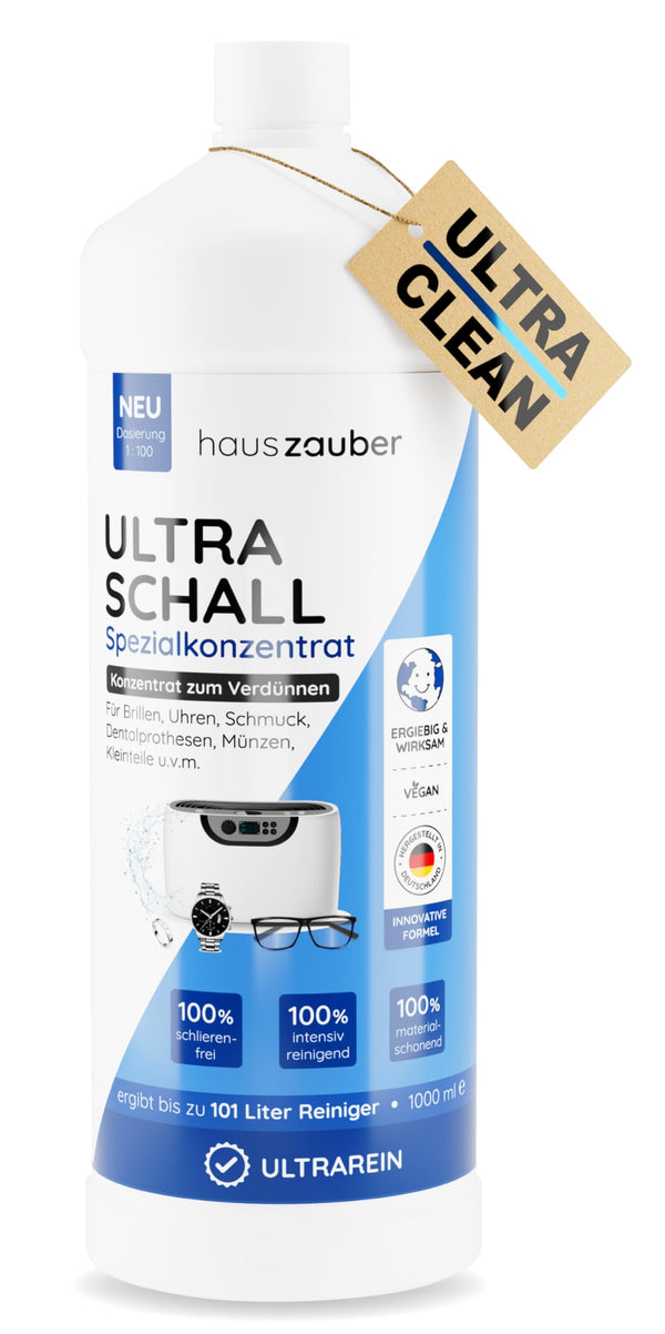 hauszauber® - Ultrasonic Cleaner Concentrate [EXTRA ECONOMICAL] 1000 ml - Cleans glasses, jewelry, dentures, coins, small parts, etc. - For ultrasonic devices &amp; ultrasonic baths