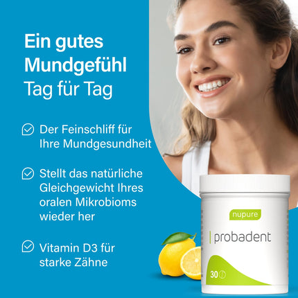 Nupure Probadent | Lozenges with bacterial cultures for the oral flora, lemon flavor, fresh breath against bad breath | Oral hygiene without mouthwash or tongue cleaner (30 capsules - 30 days)