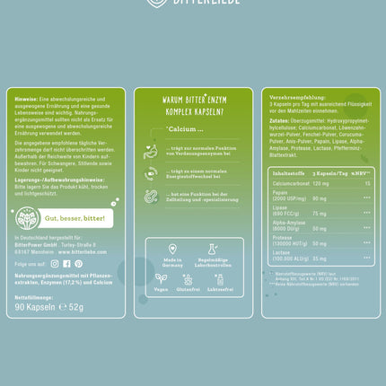BitterLiebe Bitter Enzyme* Complex Capsules with 5 digestive enzymes - against flatulence - with papain, lactase, alpha-amylase, lipase, and protease - Monthly pack