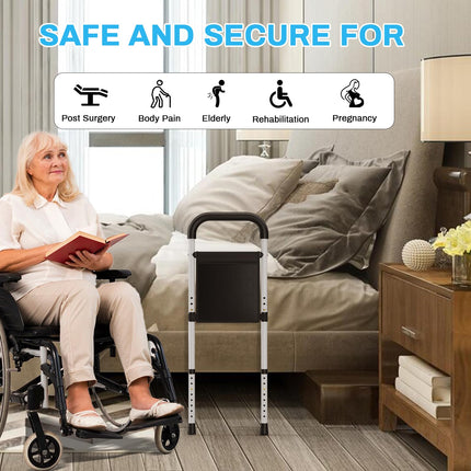 Bed riser bed handle, height-adjustable handle for getting out of bed, bed entry aid for seniors, bed rail fall protection with storage bag, safety and stability