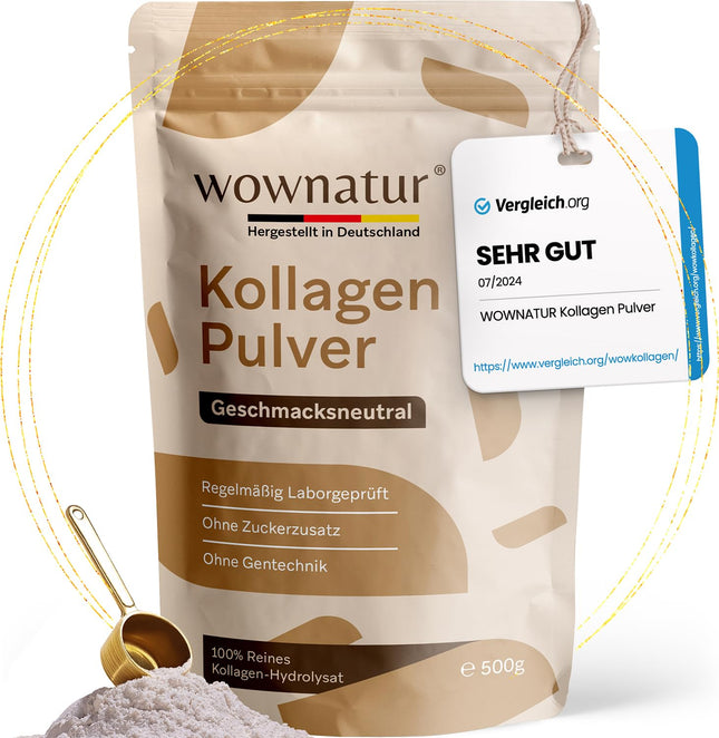 WOWNATUR® Collagen Powder 500g - Perfect Solubility - Premium Halal Collagen Hydrolysate - Peptides Types 1, 2 and 3 - The Original - (50 Servings)