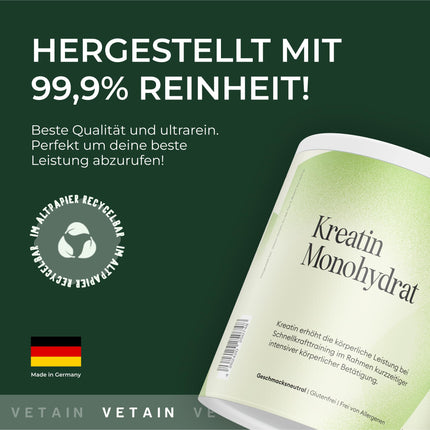 Vetain Creatine Monohydrate Powder 250g - 50 servings of pure creatine - 100% vegan - No additives - high-dose creatine powder for more energy - Tasteless - Laboratory-tested in Germany