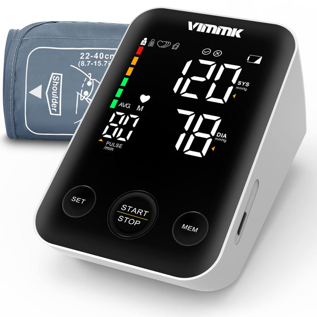 Vimmk Blood Pressure Monitor Upper Arm Digital Blood Pressure Monitor LED Display, Arrhythmia Detection &amp; Pulse Measurement, 2x120 Memory, Cuff 22-40cm